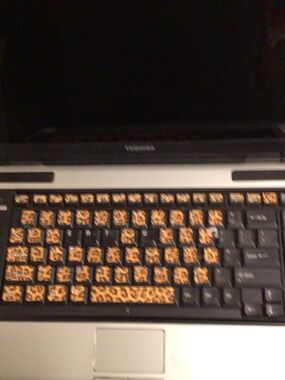 Toshiba Silver Laptop with Leopard-Print Key Covers. Parts only,,,, parts